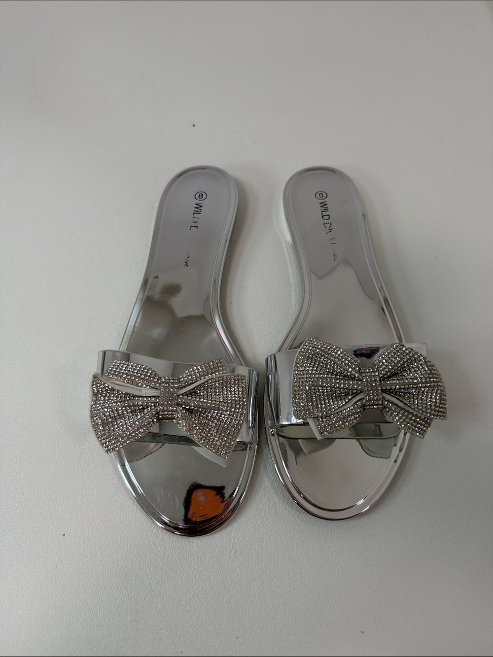 Wild Diva Silver Crystal Bow Slide Mules